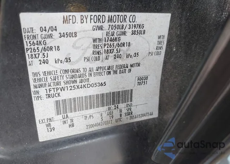 2004 Ford F-150 Lariat/Xlt из США, поврежденный, VIN 1FTPW125X4KD05365